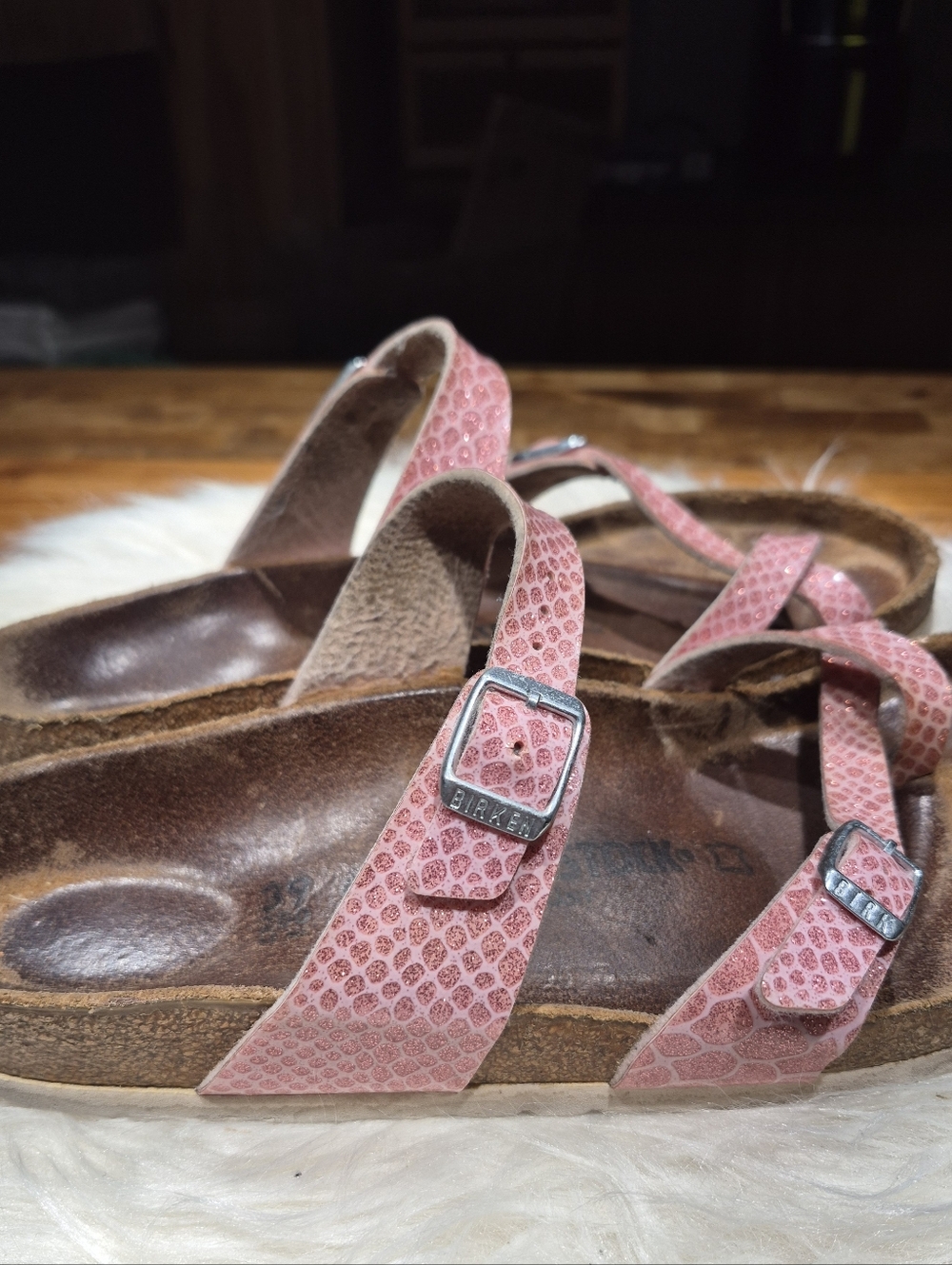 Birkenstock Mayari Pink Sparly Snake Leather Sandals 39